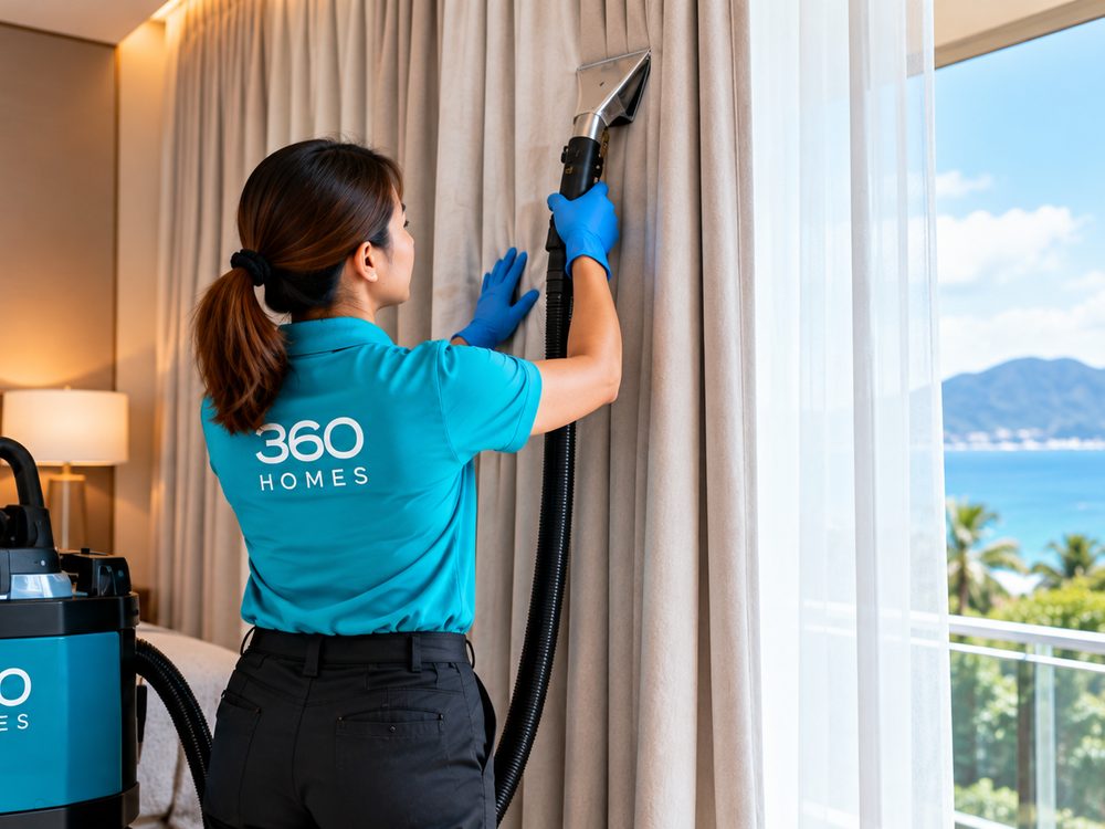 Cleaner steam-cleaning curtains in a sea-view bedroom