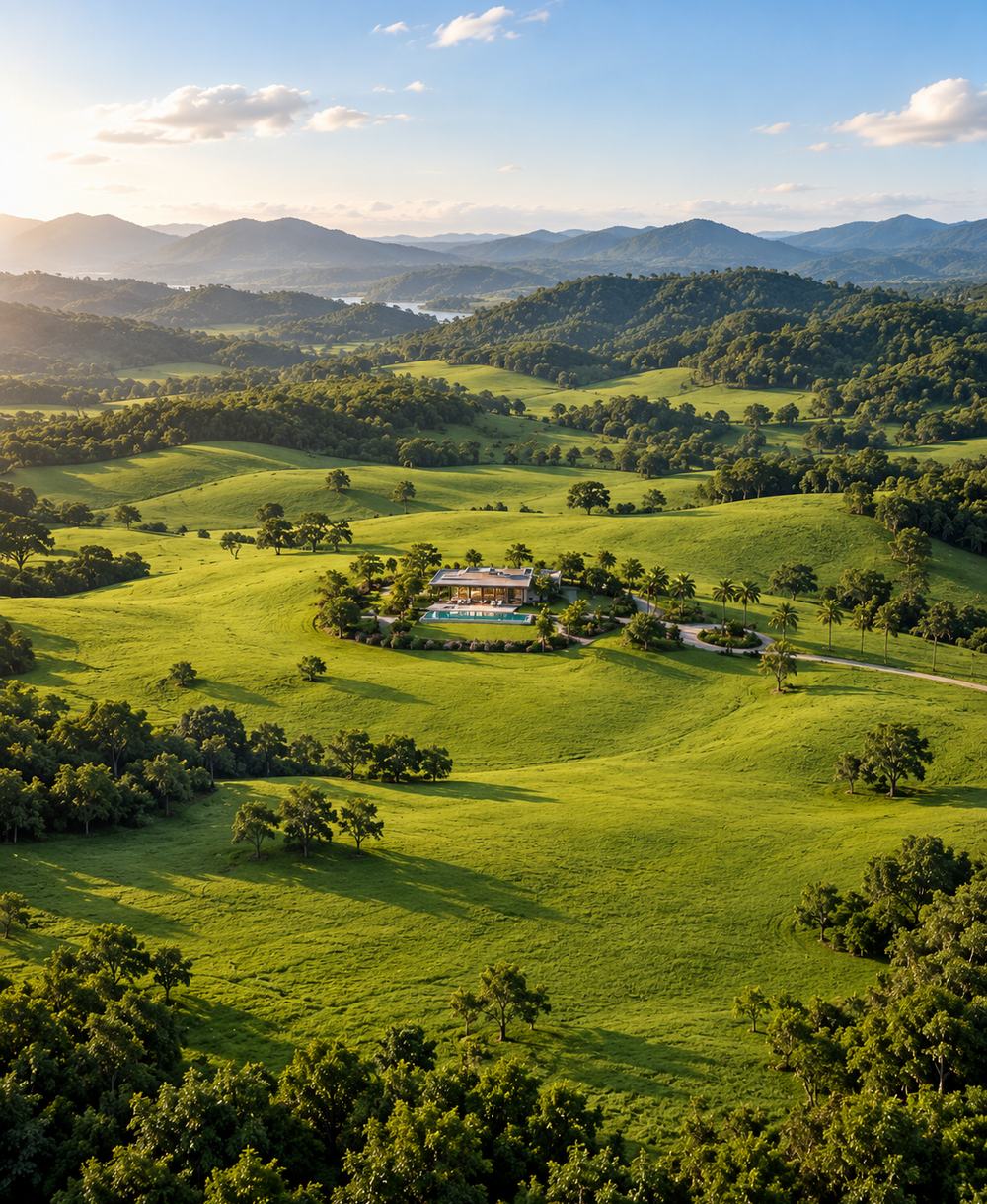 Green hills with a villa at golden hour