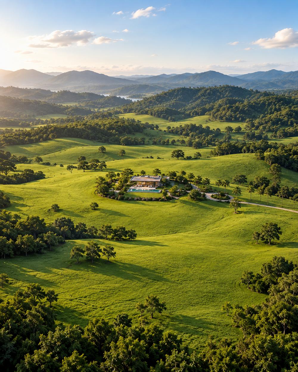 Green valley with a villa among the hills